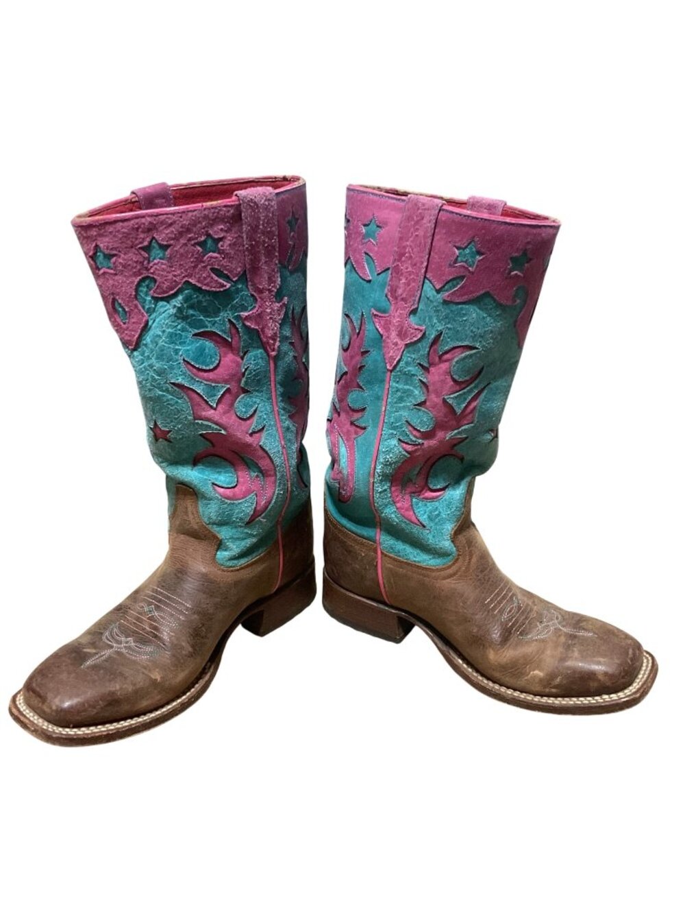 Macie Bean Boots Size 6 Leather Square Toe Turquoise Pink Cowgirl Western